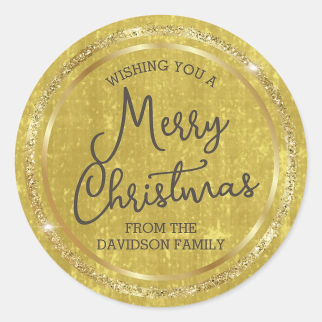 Gold Merry Christmas Personalised Classic Round Sticker (Front)