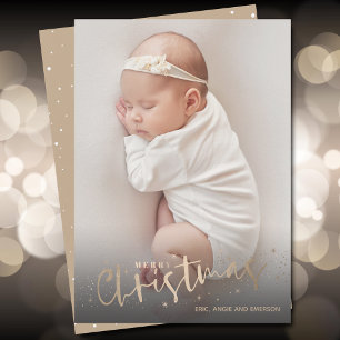 Gold Merry Christmas Photo Birth Announcements