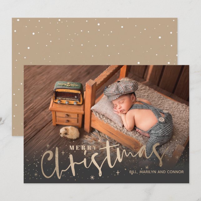Gold Merry Christmas Photo Birth Announcements (Front/Back)