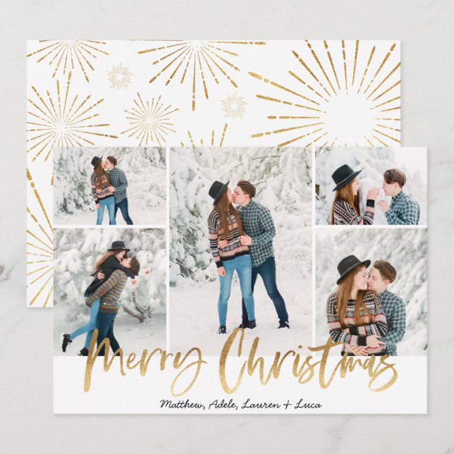 Gold Merry Christmas Photo Card Five Pictures (Front/Back)