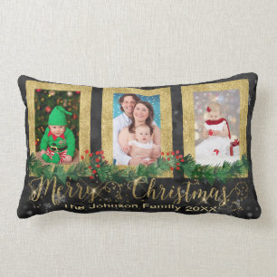 Gold Merry Christmas Photo Lumbar Cushion