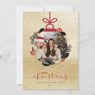 Gold Merry Christmas Photo Ornament Card