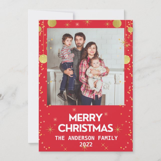Gold Merry Christmas Photo Red Holiday Card (Front)