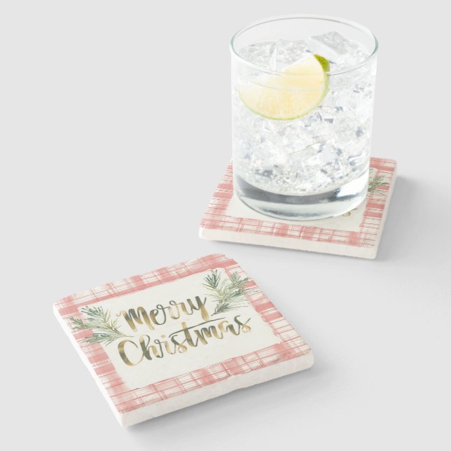 Gold Merry Christmas Plaid Coaster (Side)