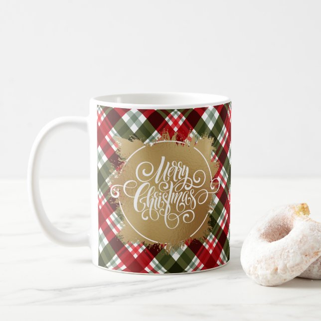 Gold Merry Christmas Plaid Coffee Mug (With Donut)