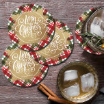 Gold Merry Christmas Plaid Round Paper Coaster<br><div class="desc">Merry Christmas in chic white lettering on a splash of faux gold foil,  these round coasters feature a background of red,  green and white holiday plaid and are personalised with your name. MATCHING plates,  napkins and more in our store.</div>