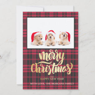 Gold Merry Christmas Red Black Buffalo Plaid Photo