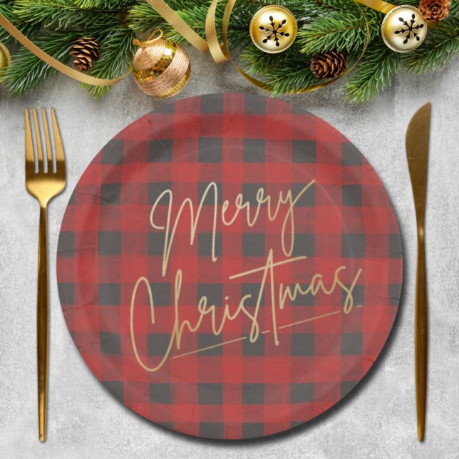 Gold Merry Christmas Red Buffalo Plaid Paper Plate (Creator Uploaded)