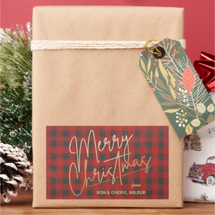 Gold Merry Christmas Red Buffalo Plaid Rectangular Sticker