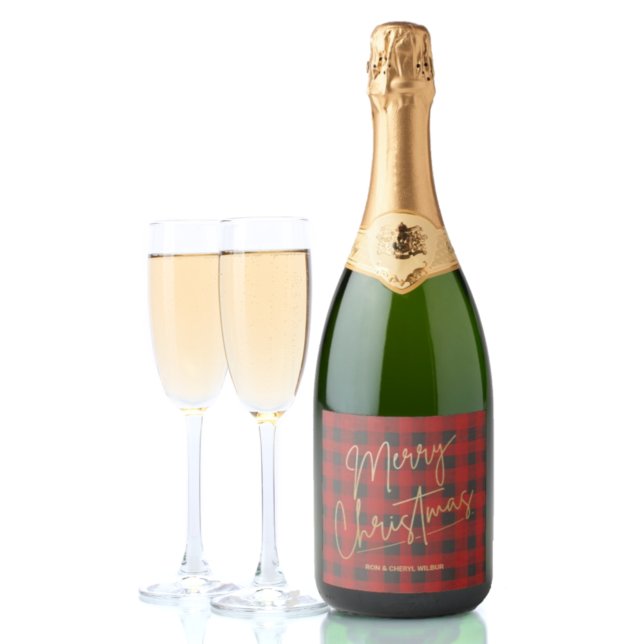 Gold Merry Christmas Red Buffalo Plaid Sparkling Wine Label (Creator Uploaded)