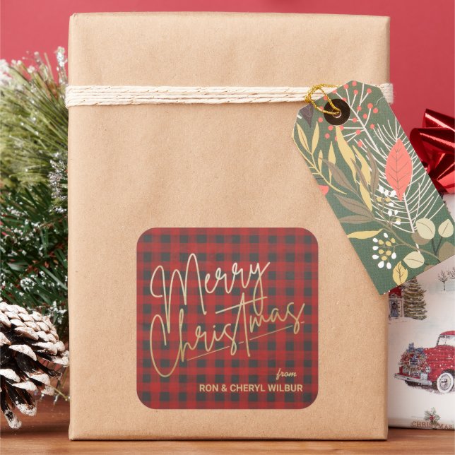 Gold Merry Christmas Red Buffalo Plaid Square Sticker (Holiday)