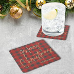 Gold Merry Christmas Red Buffalo Square Paper Coaster<br><div class="desc">Merry Christmas text in a faux gold foil script and your name in chic lettering are featured on these red and grey buffalo plaid pattern paper coasters,  perfect for the holidays. MATCHING items in our store.</div>