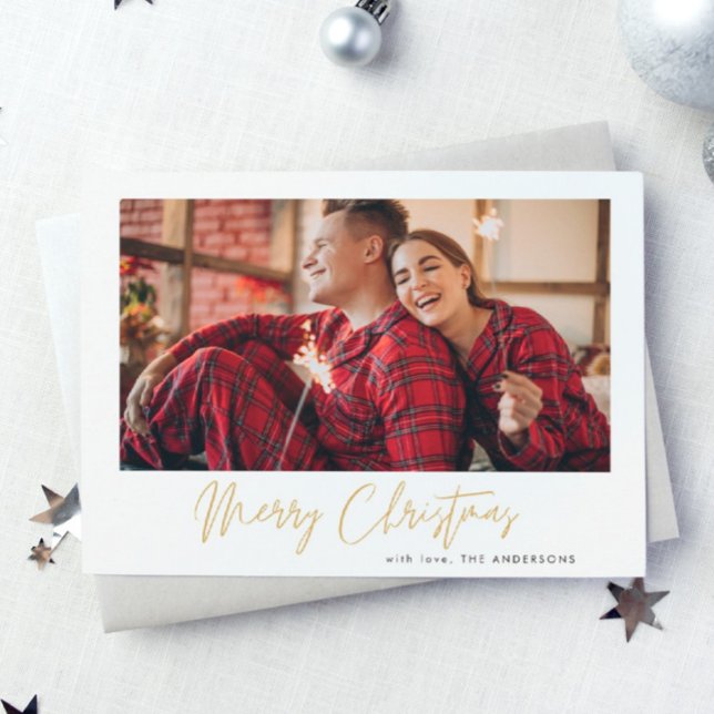Gold Merry Christmas | Red Plaid Photo Holiday Card (Creator Uploaded)