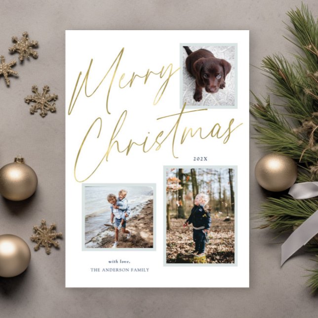 Gold Merry Christmas Script 3 Photo Holiday Card (Creator Uploaded)