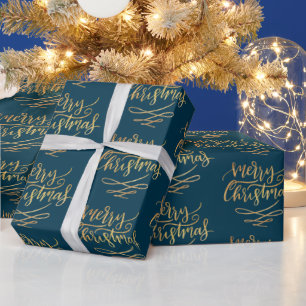 Gold Merry Christmas Script Calligraphy Blue Wrapping Paper