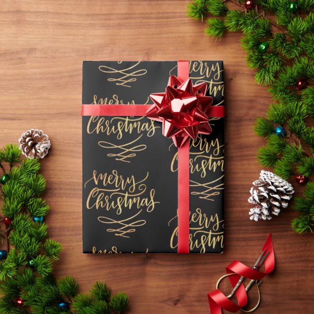 Gold Merry Christmas Script Calligraphy on Black Wrapping Paper (Holiday Gift)