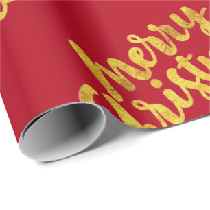 Gold Merry Christmas Script Calligraphy on Red Wrapping Paper