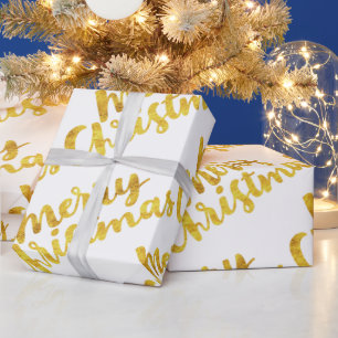 Gold Merry Christmas Script Calligraphy on White Wrapping Paper