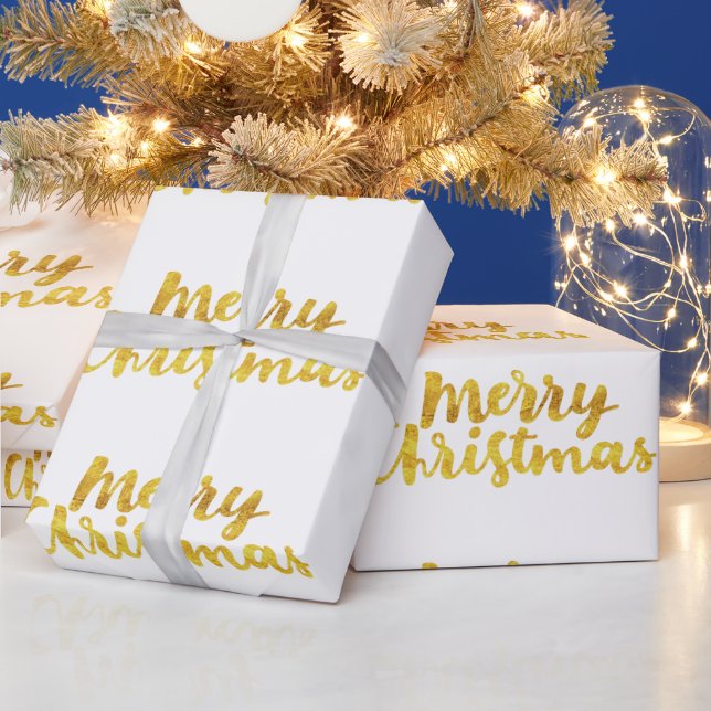 Gold Merry Christmas Script Calligraphy on white Wrapping Paper (Holidays)