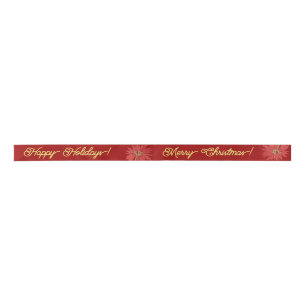 Gold Merry Christmas Script Calligraphy red Satin Ribbon