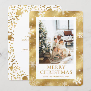 Gold Merry Christmas Snowflake Snow Photo Holiday Card