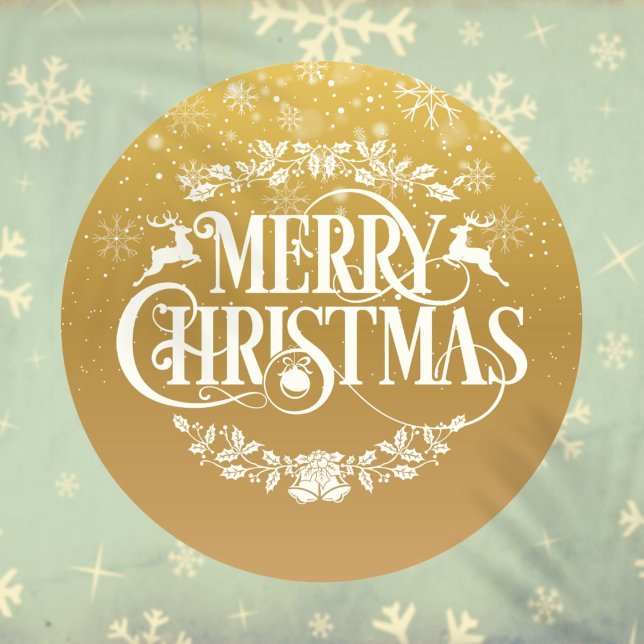 Gold Merry Christmas Snowflakes Classic Round Sticker (Gold Merry Christmas Snowflakes Classic Round Sticker)