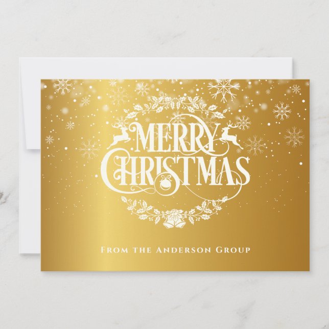 Gold Merry Christmas Snowflakes Corporate  Holiday Card (Front)