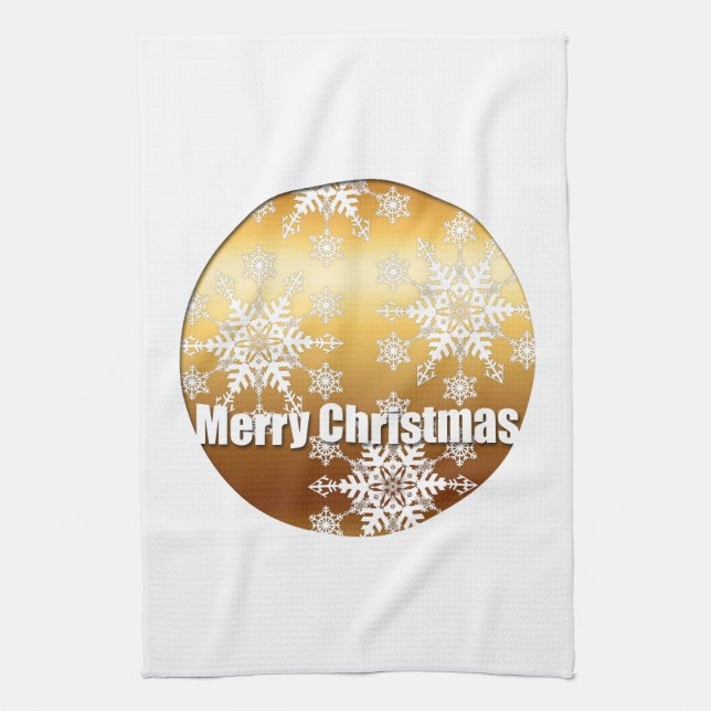 Gold Merry Christmas Snowflakes Kitchen Towel (Vertical)