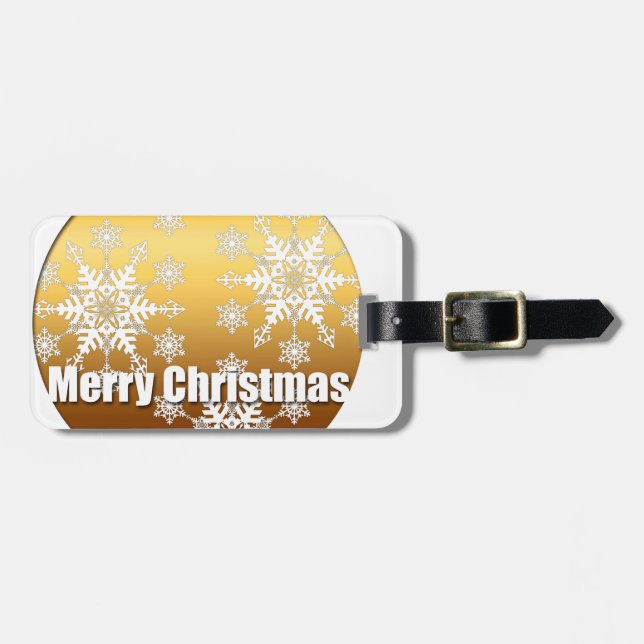 Gold Merry Christmas Snowflakes Luggage Tag (Front Horizontal)