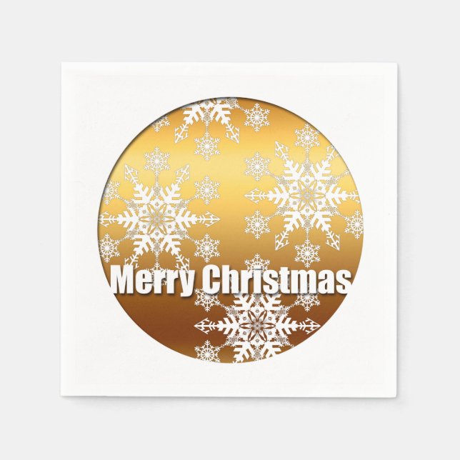 Gold Merry Christmas Snowflakes Paper Napkin 1 (Front)
