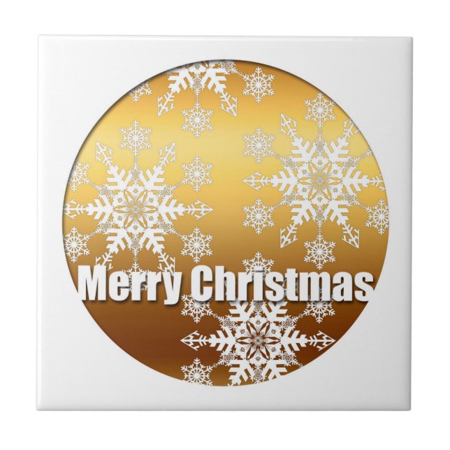 Gold Merry Christmas Snowflakes - Tile (Front)