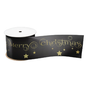 Gold Merry Christmas Stars Satin Ribbon