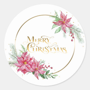 Gold Merry Christmas Text w/Poinsettias and Pine Classic Round Sticker
