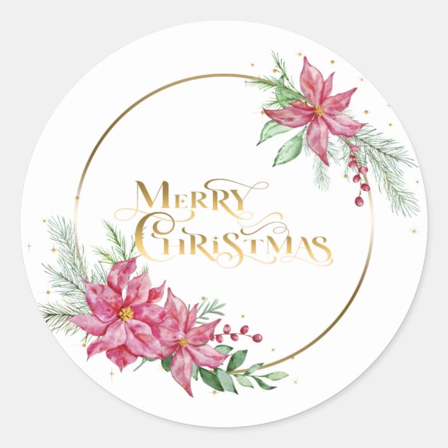 Gold Merry Christmas Text w/Poinsettias and Pine Classic Round Sticker (Front)