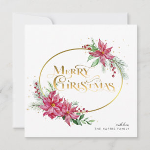 Gold Merry Christmas Text w/Poinsettias and Pine Holiday Card