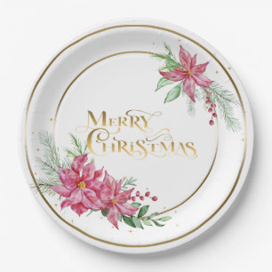 Gold Merry Christmas Text w/Poinsettias and Pine Paper Plate