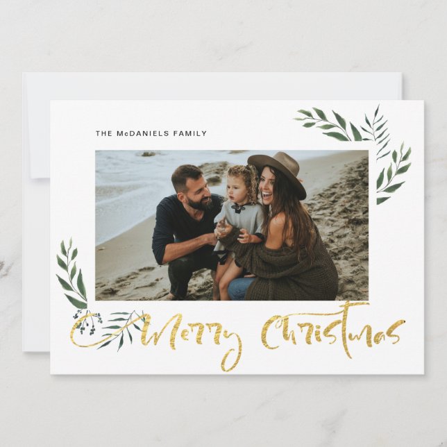 Gold Merry Christmas Three Photo Holiday (Front)