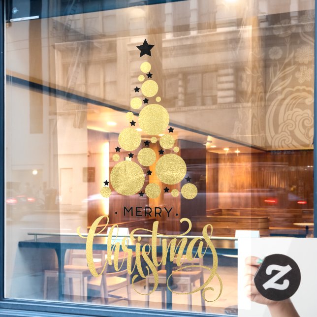 Gold Merry Christmas Tree Stars Holiday Window Cling (Cafe Window)
