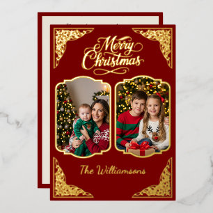 Gold Merry Christmas, two picts, red, Gold Foil Holiday Card