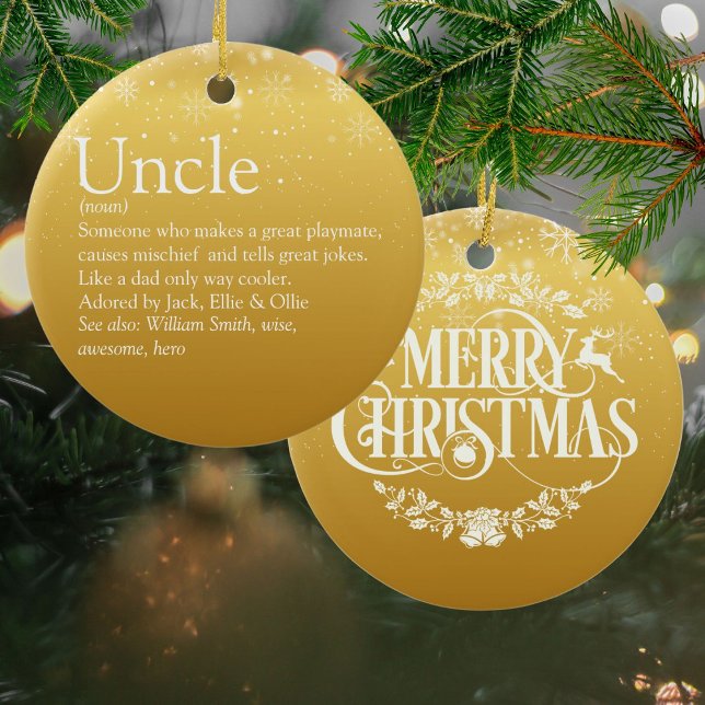 Gold Merry Christmas Uncle Funcle Definition Ceramic Tree Decoration (Gold Merry Christmas Uncle Funcle Definition Ceramic Ornament)