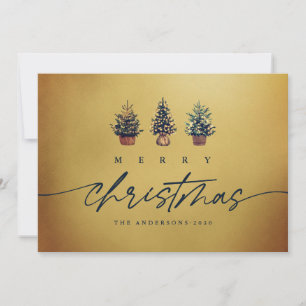 Gold Merry Christmas Watercolor Tree Green Script  Holiday Card