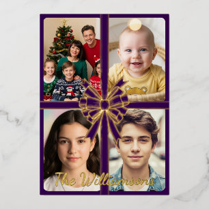 Gold Merry Christmas With Gold Bow, Pictures Foil Holiday Card