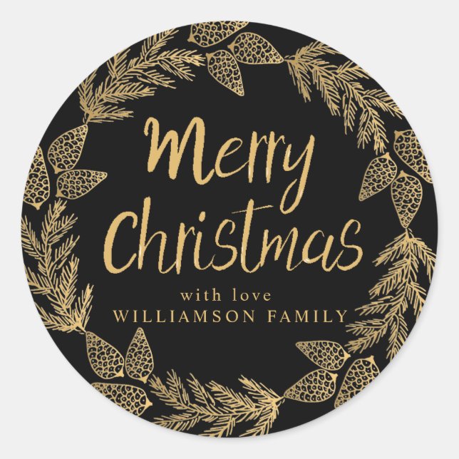 Gold Merry Christmas Wreath Black Envelope Seal (Front)