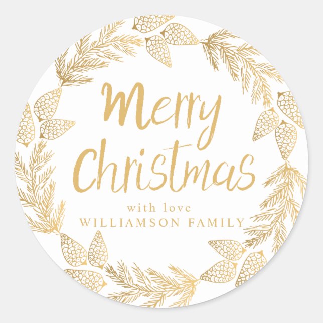 Gold Merry Christmas Wreath White Envelope Seal (Front)