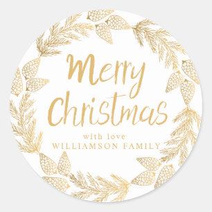 Gold Merry Christmas Wreath White Envelope Seal
