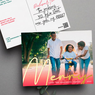 Gold MERRY FUN hand written Red Gradient Photo Foil Holiday Postcard
