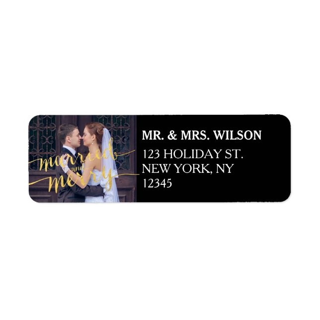 Gold Merry Married Holiday Return Address Label (Front)