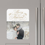 Gold Merry & Married Newly Weds Christmas Photo Magnet<br><div class="desc">Elegant and romantic swirly calligraphy lettering with pinecone twigs and a photo. For more advanced customisation of this design,  please click the BLUE DESIGN TOOL BUTTON above!</div>