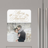 Gold Merry & Married Newly Weds Christmas Photo