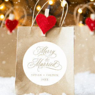 Gold Merry & Married Newly Weds First Christmas  Classic Round Sticker